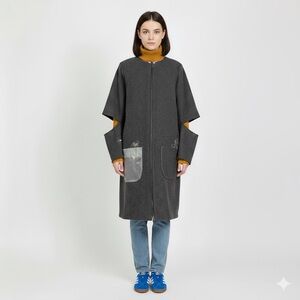 Handmade Gray Wool Elbow Cut-Out Embroidered Mid-Length Coat - 6/8, M, OOAK!